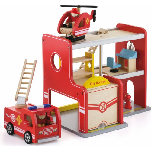Drewniana Stacja Remiza Strażacka Garaż Akcesoria Wóz Strażacki Viga Toys					