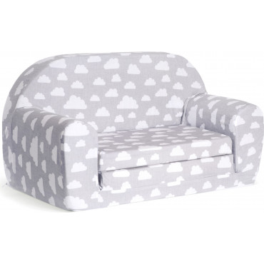 Mini sofka dziecięca 77x35cm rozkładana kanapa piankowa - Szary w białe chmurki