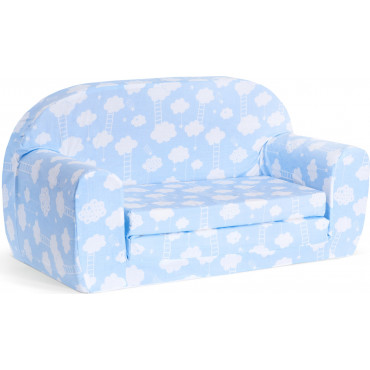 Mini sofka dziecięca 77x35cm rozkładana kanapa piankowa - Błękitny w białe chmurki z drabinką