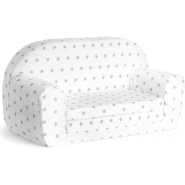 Mini sofka dziecięca 77x35cm rozkładana kanapa piankowa - Biały w szare gwiazdki