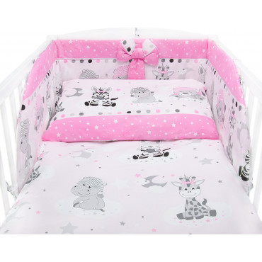 Bawełniana pościel do łóżeczka dziecięcego - ZEBRY I ŻYRAFY RÓŻ - 120x90