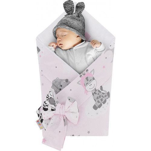 Rożek niemowlęcy bawełniany otulacz dziecięcy becik - ZEBRA ŻYRAFA RÓŻ