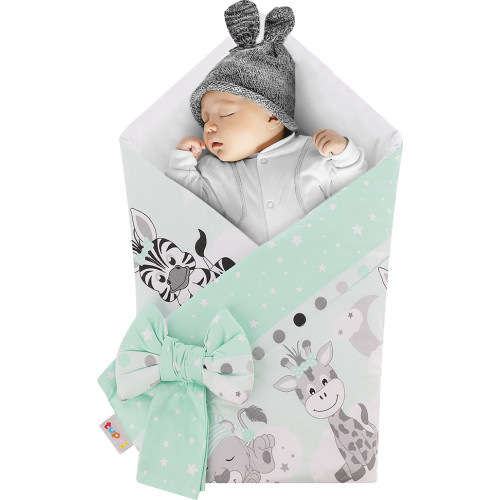 Rożek niemowlęcy bawełniany otulacz dziecięcy becik - ZEBRA ŻYRAFA MIĘTA