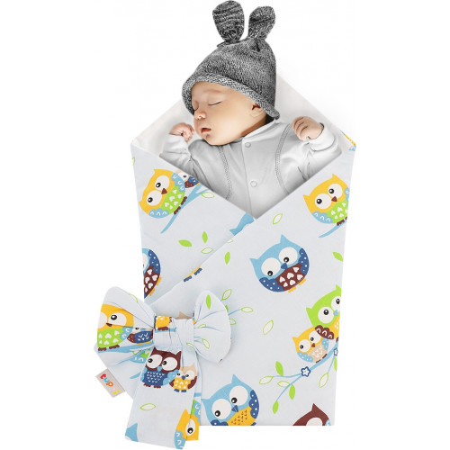 Rożek niemowlęcy bawełniany otulacz dziecięcy becik - SOWY NIEBIESKIE