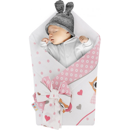 Rożek niemowlęcy bawełniany otulacz dziecięcy becik - SOWY NA ROWERACH RÓŻOWE