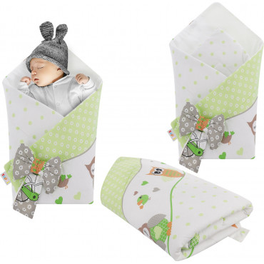 Rożek niemowlęcy bawełniany otulacz dziecięcy becik - SOWY NA ROWERACH ZIELONE