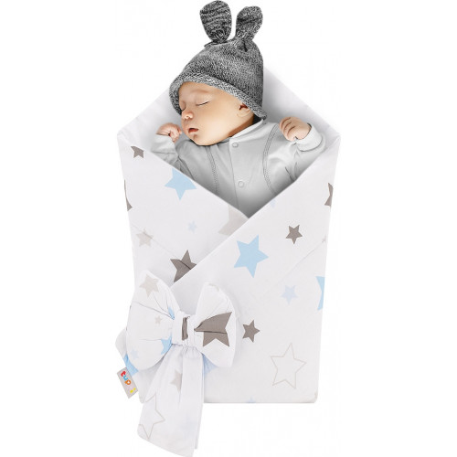 Rożek niemowlęcy bawełniany otulacz dziecięcy becik - NIEBIESKO-SZARE GWIAZDY