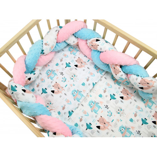 Pościel do łóżeczka bawełniana z warkoczem Minky - Zwierzątka pastelowe