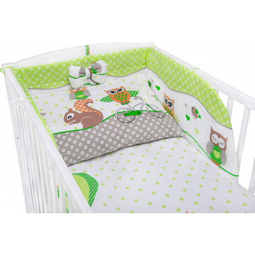 Sowy na rowerach zielone - bawełniana pościel dziecięca do łóżeczka
