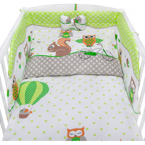 Sowy na rowerach zielone - bawełniana pościel dziecięca do łóżeczka