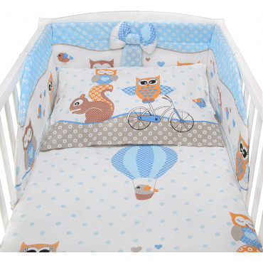 Pościel do łóżeczka dla dzieci wzór Sowy na rowerach niebieskie - Bawełna 100% - 120x90
