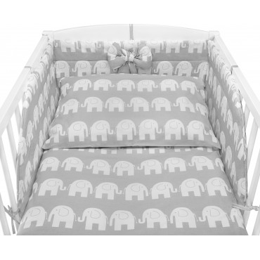 Pościel do łóżeczka dziecięcego w słonie na szarym tle - Bawełna 100% - 120x90