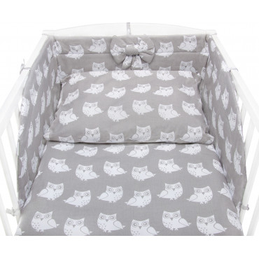 Bawełniana pościel do łóżeczka dziecięcego - Białe sowy na szarym - 120x90