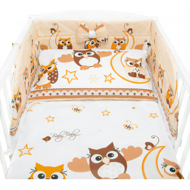Beżowa pościel bawełniana w sowy do łóżeczka dziecięcego - 135x100