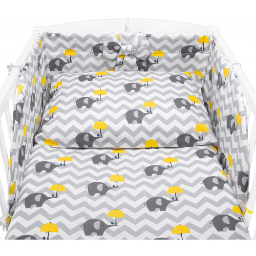 Pościel do łóżeczka dla dzieci Słonie z parasolką - Bawełna 100% - 135x100