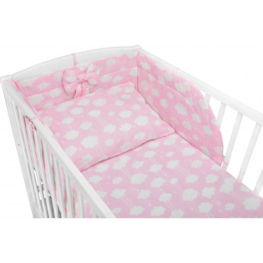 Pościel do łóżeczka niemowlęca dziecięca poszewki 135x100 - Różowy w białe chmurki z drabinką