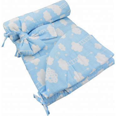 Ochraniacz na szczebelki 180x35 do łóżeczka Obleczenie wiązany Bawełna - Błękitny w białe chmurki z drabinką