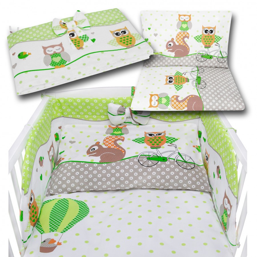 Sowy na rowerach zielone - bawełniana pościel dziecięca do łóżeczka - 120x90