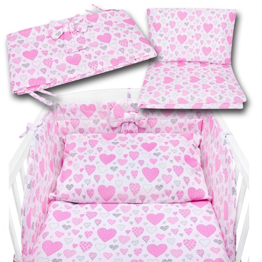 Pościel bawełniana do łóżeczka w różowe i białe serca serduszka - 120x90