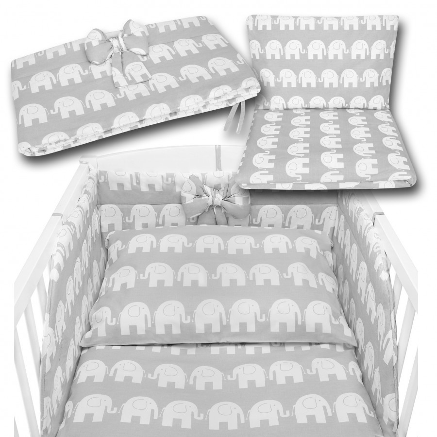 Pościel do łóżeczka dziecięcego w słonie na szarym tle - Bawełna 100% - 120x90