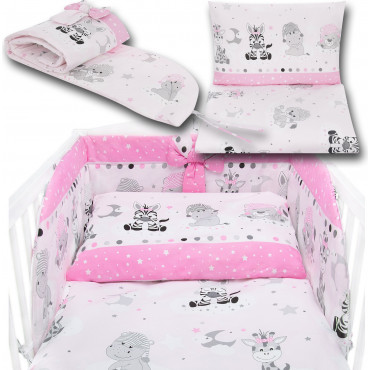 Bawełniana pościel do łóżeczka dziecięcego - ZEBRY I ŻYRAFY RÓŻ - 120x90