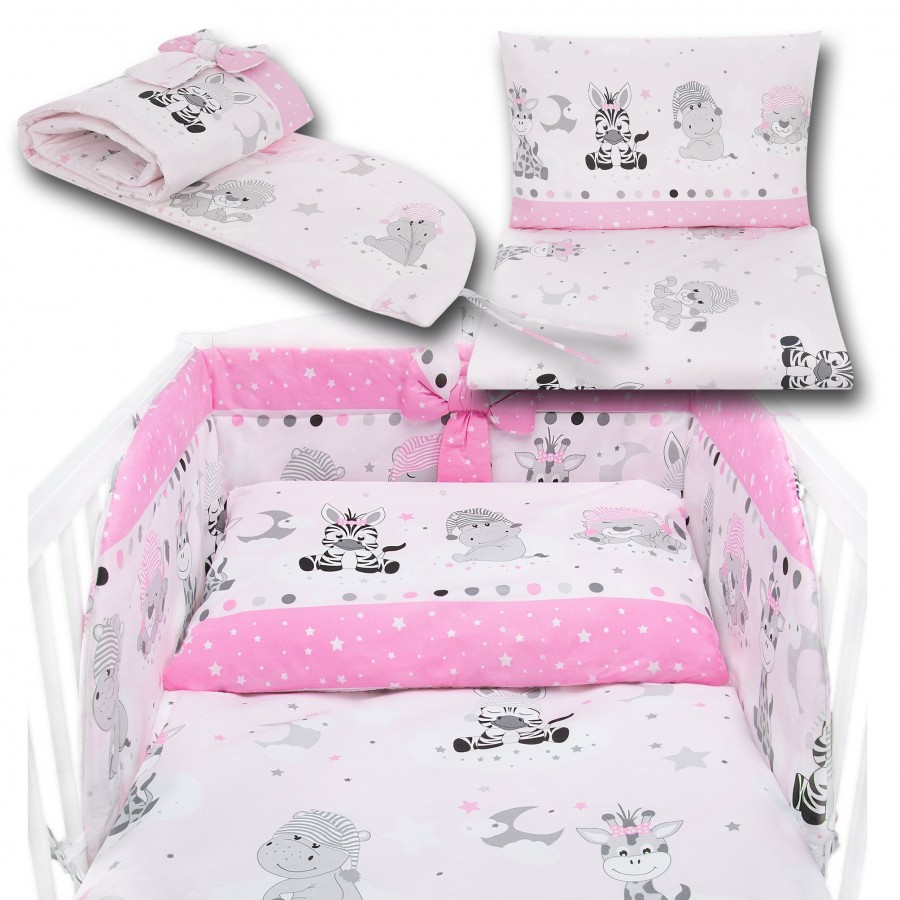 Bawełniana pościel do łóżeczka dziecięcego - ZEBRY I ŻYRAFY RÓŻ - 135x100