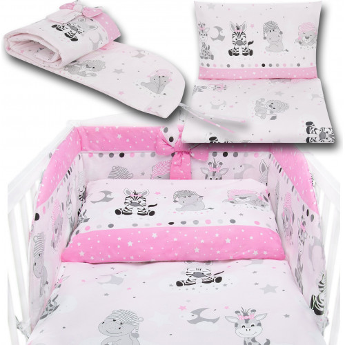 Bawełniana pościel do łóżeczka dziecięcego - ZEBRY I ŻYRAFY RÓŻ - 135x100