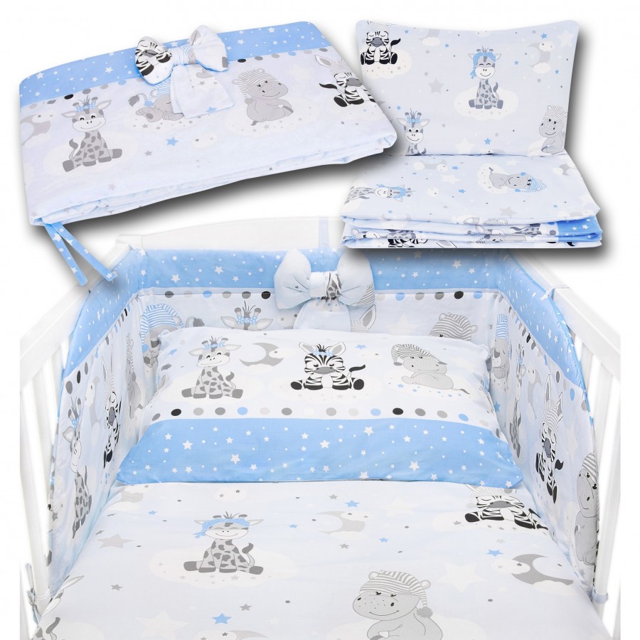 Bawełniana pościel do łóżeczka dziecięcego - ZEBRY I ŻYRAFY NIEBIESKA - 120x90