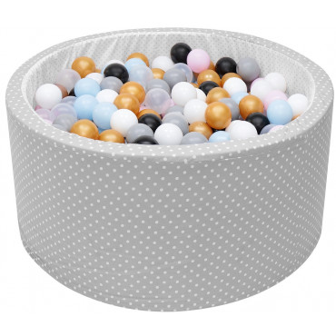 Suchy basenik z kulkami piłeczkami piłkami dla dzieci niemowląt 90x40 - 200 kulek - Szary w białe kropki