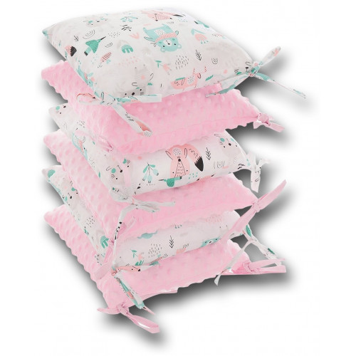 Ochraniacz do łóżeczka modułowy 6 poduszek Bawełna + Minky - Zwierzątka pastelowe + minky różowe