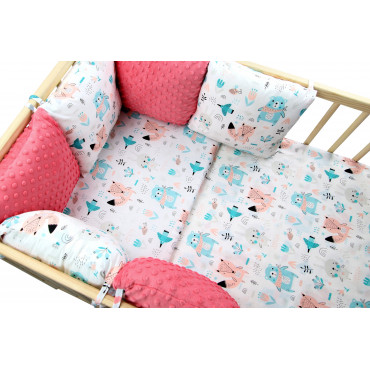 Ochraniacz do łóżeczka modułowy 6 poduszek Bawełna + Minky - Zwierzątka pastelowe + minky koralowe