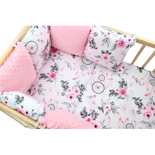 Ochraniacz do łóżeczka modułowy 6 poduszek Bawełna + Minky - Łapacze snów z różą + minky różowe
