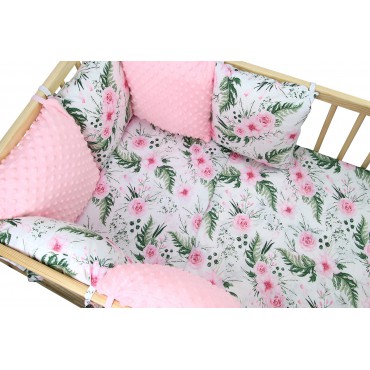 Ochraniacz do łóżeczka modułowy 6 poduszek Bawełna + Minky - Kwiaty różowe + minky różowe