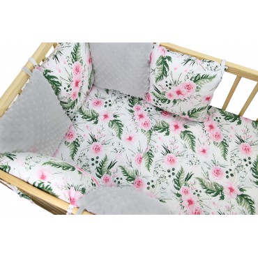 Ochraniacz do łóżeczka modułowy 6 poduszek Bawełna + Minky - Kwiaty różowe + minky szare