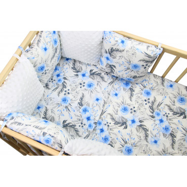 Ochraniacz do łóżeczka modułowy 6 poduszek Bawełna + Minky - Kwiaty błękitne + minky białe