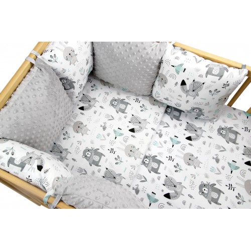 Ochraniacz do łóżeczka modułowy 6 poduszek Bawełna + Minky - Zwierzątka szare + minky szare