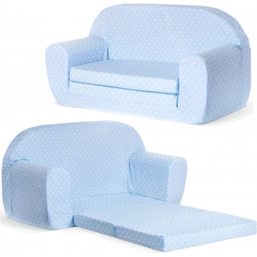 Mini sofka dziecięca 77x35cm rozkładana kanapa piankowa - Błękitny w białe kropki