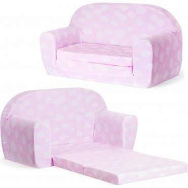 Mini sofka dziecięca 77x35cm rozkładana kanapa piankowa - Różowy w białe chmurki z drabinką