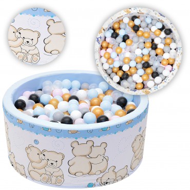 Suchy basenik z kulkami piłeczkami piłkami dla dzieci niemowląt 90x40 - 200 kulek - Miś przyjaciel niebieski