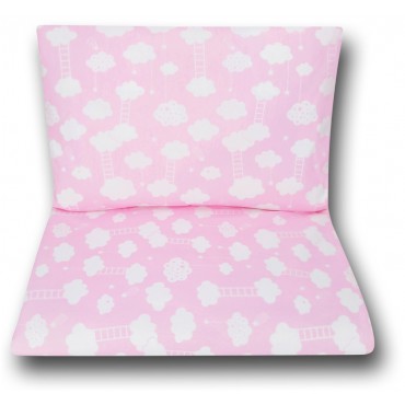 Pościel do łóżeczka niemowlęca dziecięca poszewki 120x90 - Różowy w białe chmurki z drabinką