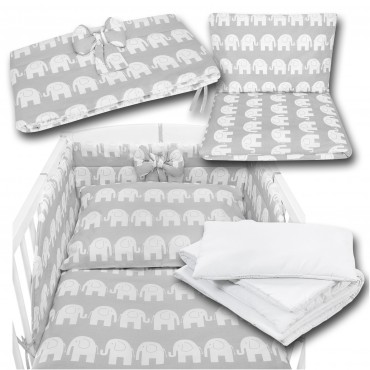 Pościel do łóżeczka, 120x90 - pełny zestaw 13el - szare słonie