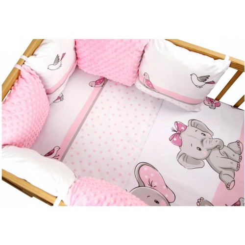 Pościel do łóżeczka z ochraniaczem modułowym + poszewki niemowlęca dziecięca 135x100 - Słonik różowy