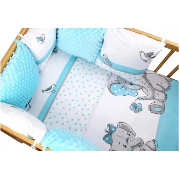 Pościel do łóżeczka z ochraniaczem modułowym + poszewki niemowlęca dziecięca 135x100 - Słonik turkusowy